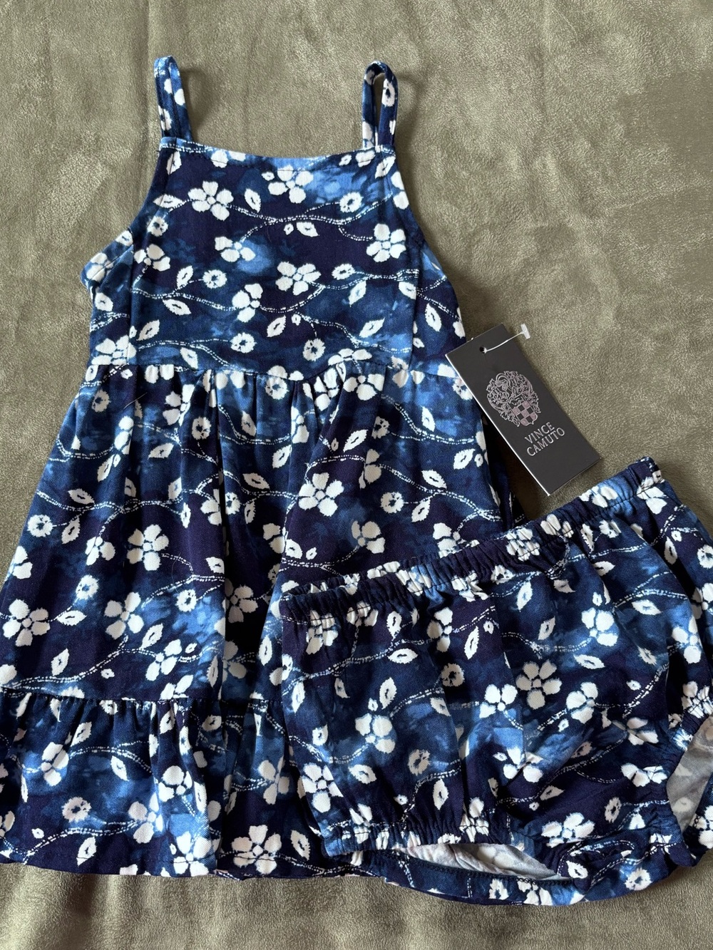 🌺NWT Vince Camuto Baby Girl Floral Dress & Bloomer Set Navy & White Ruffle Dress